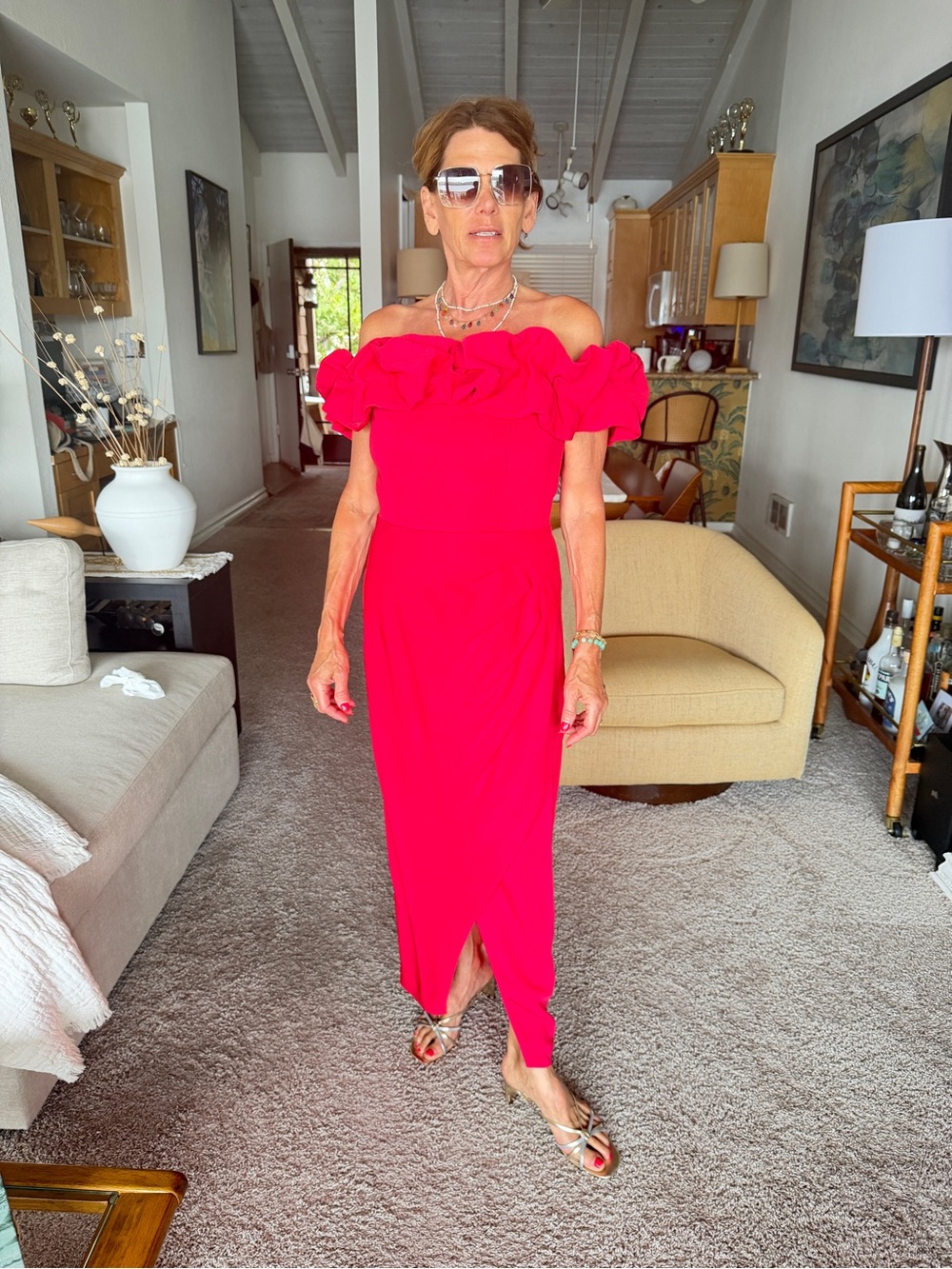 Phase Eight Off-Shoulder Ruffle Dress in Raspberry Pink